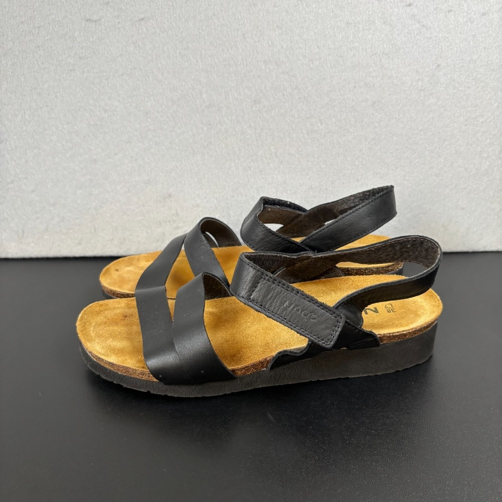 Naot Kayla Black Leather Wedge Sandals Womens Size 38/7 Comfort Strappy Shoes